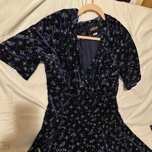 Collectif Blue Silver Velvet Metallic Midi Dress Semiformal Cocktail Occasion